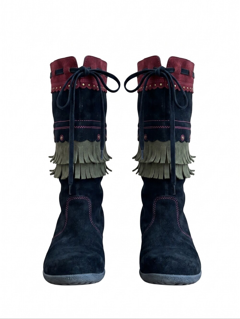 Vintage Cha Cha  Black Suede Heeled Fringe Boots with Olive and Burgundy Accents